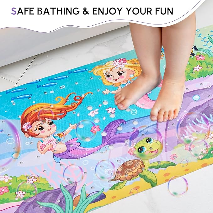 VANNOKOR Baby Bath Mat for Tub Non Slip Kids, 40 X 16 Inch Extra Long Bathtub Mat with Drain Holes and Suction Cups, Anti Slip Shower mat Machine Washable, Mermaid