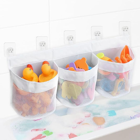 Bathtub Toy Storage, 3 Compartments Bath Toy Holder, Bath Toy Organizer with 5 Hooks Convenient Suspension, Mesh Material Bathtub Toy Storage Keeps Toys Dry & Breathable, Develop Children's Habits