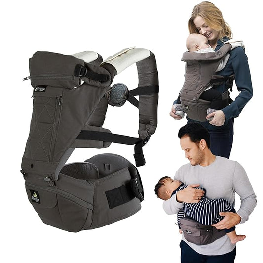 Abiie HUGGS 3-in-1 Baby Carrier w/Hip Seat - Front Facing, Hip Hugger, Back Baby Carrier - Healthy Sitting (M) Position, 3 Mos.-Toddler - Buckle Type Closure - Approved by US Safety Standards - Gray