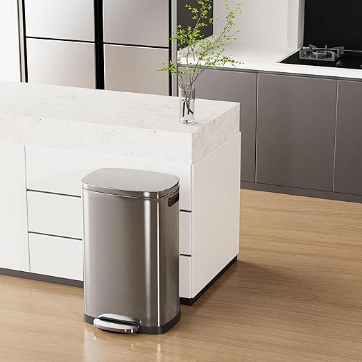 ELPHECO Kitchen Trash Can with Lid Soft Close, 13 Gallon / 50L Stainless Steel Pedal Garbage Can, Heavy-Duty Fingerprint Proof Step Wastebasket with 20 Bags, Removable Bucket, Home Office, Silver