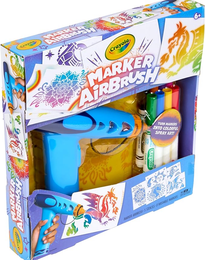Crayola Marker Airbrush Spray Art Kit, Battery-Powered Sprayer with 8 Washable Markers & 5 Stencils, Holiday for Kids, DIY Craft Set, Ages 6+