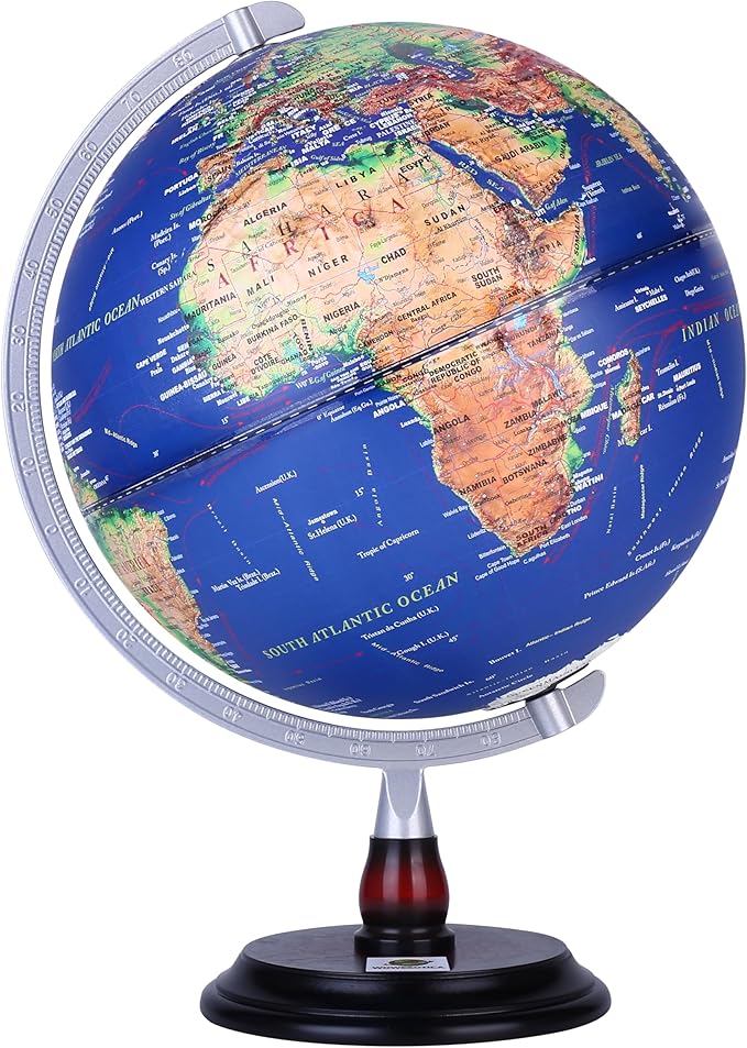 12” Raised Relief World Globe with LED Light, Desk Globe with Wood Base & Metal Meridian,Educational Geography Tool for Students, Teachers & Office Decor(Blue, 12 Inch)