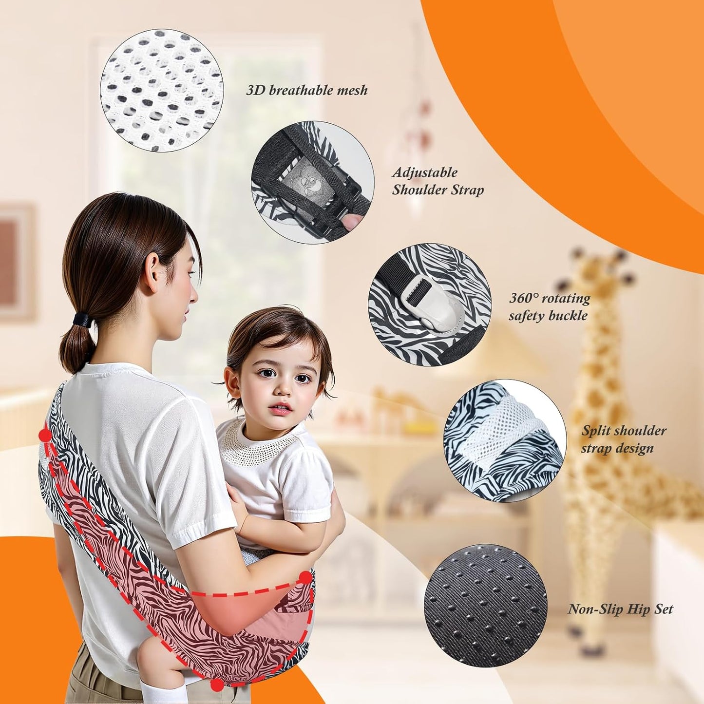 Baby Carrier Newborn to Toddler-Adjustable Baby Sling Carrier,Toddler Carrier for 25-60lbs,Comfortable Baby Sling for Hands-Free Carrying (Black & White Zebra Print)