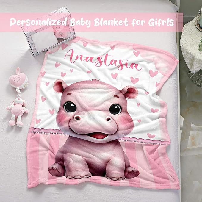 Personalized Baby Blanket for Girls, Custom Baby Blanket with Name, Soft Cozy Personalized Name Blankets for Kids, Customized Hippo Blankets for Infant Toddler Birthday Christmas