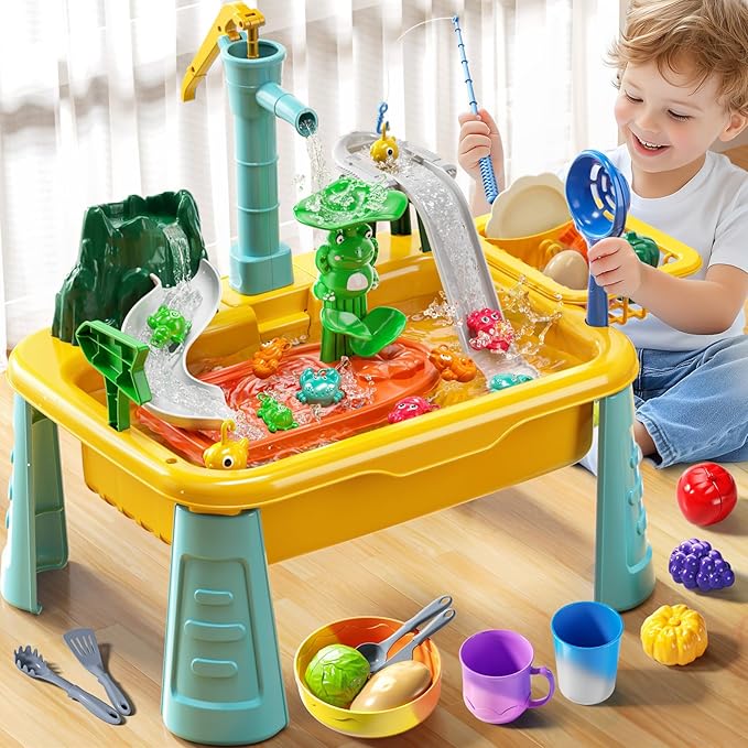 Water Table Play Sink Toy for Kids 3 4 5 6 Years Old - Outdoor Kitchen with Running Water, Fishing Games, Toddler Water Play Table for Kids Ages 3-8, Beach Outdoor Toys, Summer Gifts