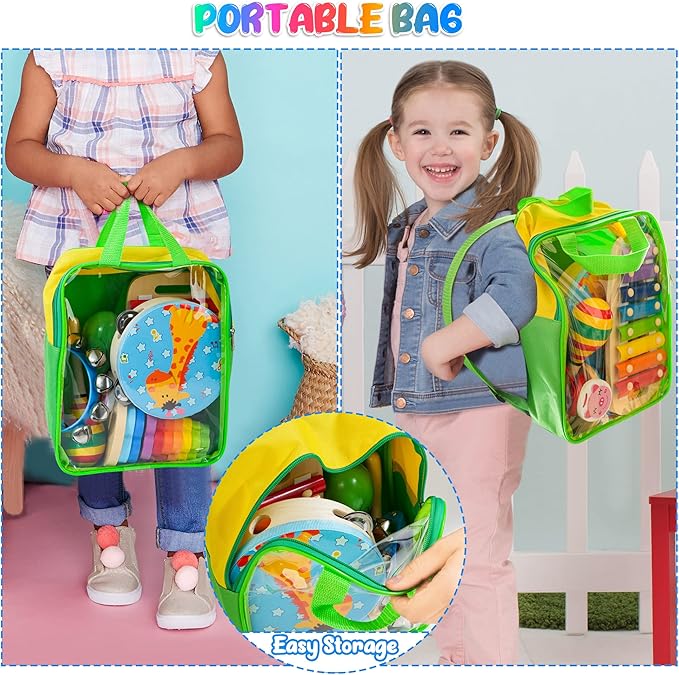 Kids Musical Instruments, 12pcs Wooden Musical Toys for Toddlers 2-4 with Xylophone Maracas Tambourine, Educational Baby Musical Toys Birthday Gift for 2 3 4 5 Years Old Girls Boys