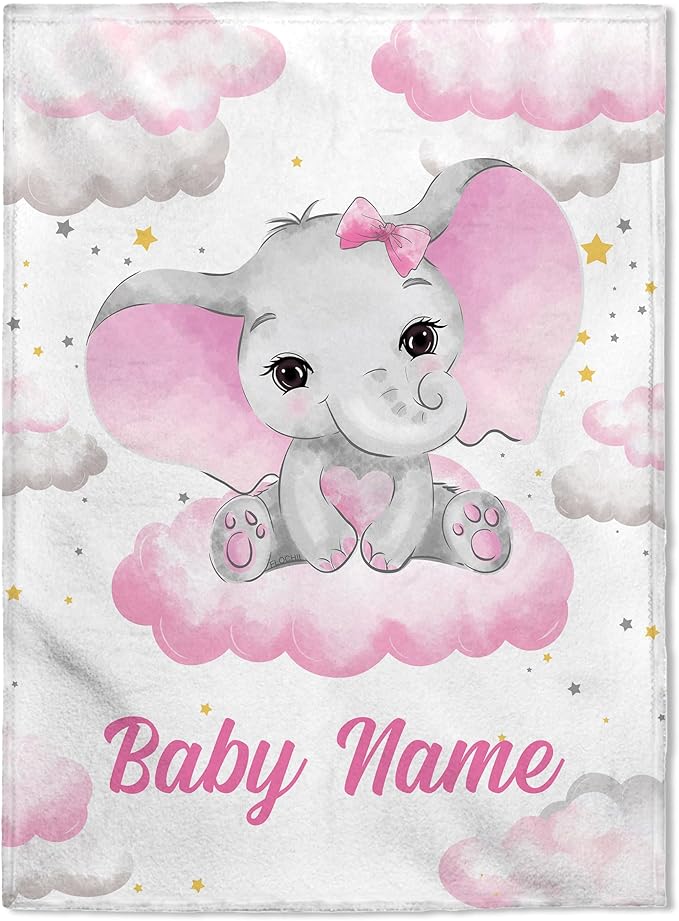 FLOCHIL Personalized Baby Blanket for Girls, Custom Baby Blanket with Name, Customized Baby Products, Gift for Baby, Newborn, Baby Shower (Elephants 4)