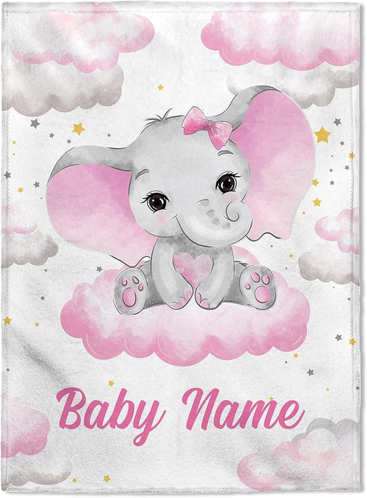 FLOCHIL Personalized Baby Blanket for Girls, Custom Baby Blanket with Name, Customized Baby Products, Gift for Baby, Newborn, Baby Shower (Elephants 4)