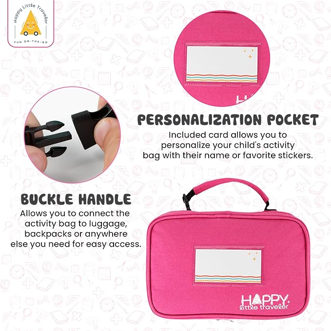 Travel Essentials for Kids – All-in-One Hanging Bag with Kid Toys, Road Trip Activities for Kids, Sensory Toys & Travel Games for Airplane Trips, Car Rides, Gifts for Boys & Girls Ages 4+ (Pink)