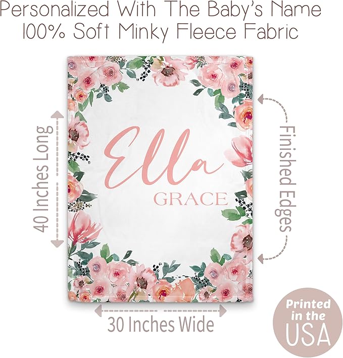 Girls Love A Monogram - Personalzied Custom Pink Floral Baby Blankets for Girls with Name - Personalized Girl Shower Gifts (Pink Blushing 2, 30 X 40 Baby)