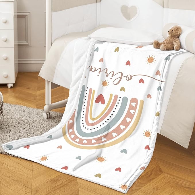 Personalized Baby Girl Blankets with Name, Custom Boho Rainbow Swaddle Blanket for Girls, Customize Newborn Shower Gifts for Baby Girl, Christmas Birthday Expecting Mom Gifts