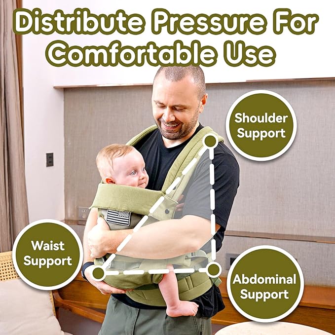 Baby Carrier, Lumbar Support Infant Carrier (0-36M, 8-33 lbs) with Foldable Headrest Carabiners for Big and Tall Parents, Men, Women (Green)
