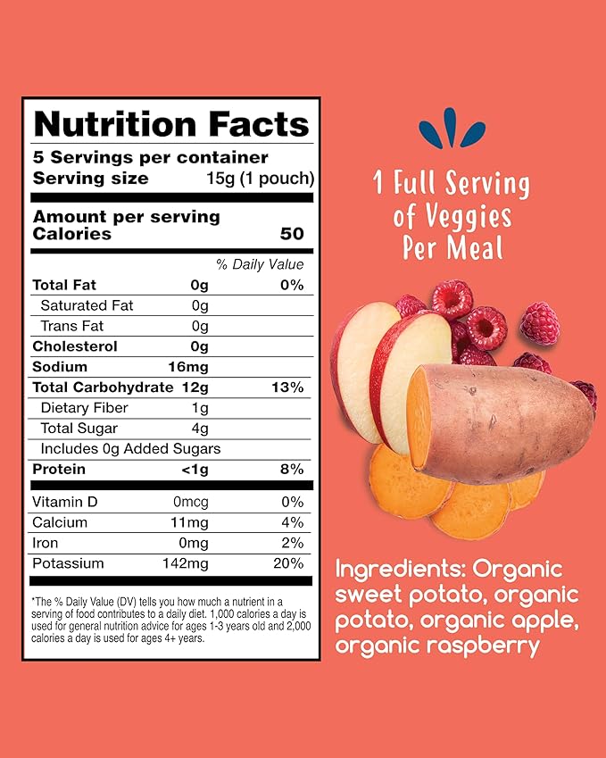 Amara Organic Baby Food - Stage 2 - Sweet Potato Raspberry - Baby Cereal to Mix W/Breastmilk, Water or Baby Formula - Shelf Stable Baby Food W/Organic Fruit and Veggies - 5 Pouches 3.5oz Per Serving