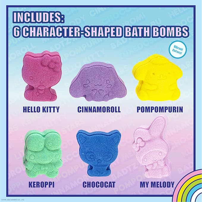 Hello Kitty and Friends Bath Bombs Set, 6 Piece, Bubblegum Scented - Ages 3+ Character Molded – Fun & Bright Colors - Bath Time Fun, Great Birthday Gifts, Stocking Stuffers, by Townley Girl