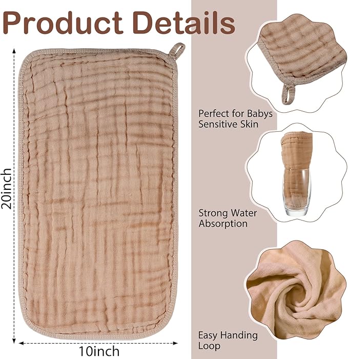 VitalCozy 6 Pcs Baby Muslin Hooded Bath Towels and Washcloths, 32 x 32 Inch Muslin Cotton Hooded Baby Towels Absorbent Hooded Blankets for Gift Newborn Infant Shower (Brown,Coffee)