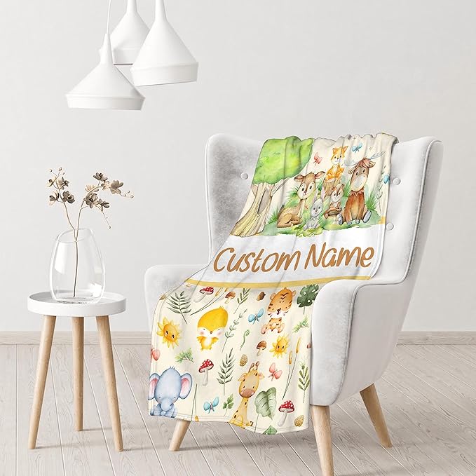 Personalized Baby Blanket for Girls Boys Animals Custom Baby Blanket with Name Swaddle Blanket for Toddlers Infants Kids Shower Newborns Nursery Stroller Crib Decor Throw Birthday Gift