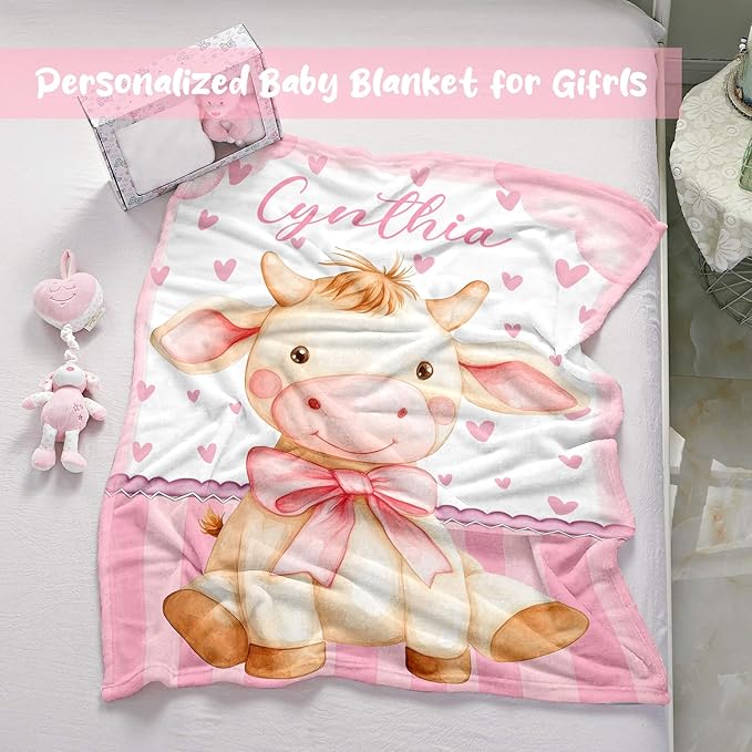 Personalized Baby Blanket for Girls, Custom Baby Blanket with Name, Soft Cozy Personalized Name Blankets for Kids, Customized Cow Blanket for Infant Toddler Birthday Christmas