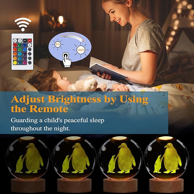 Penguin Night Light, Penguin Gifts, K9 3.15 Inch (80mm) Crystal Ball Night Light with 16 Colors Remote Upgraded Lamp for Birthday Xmas Cool Animal Figurines Gifts for Room Decor Boys Girls