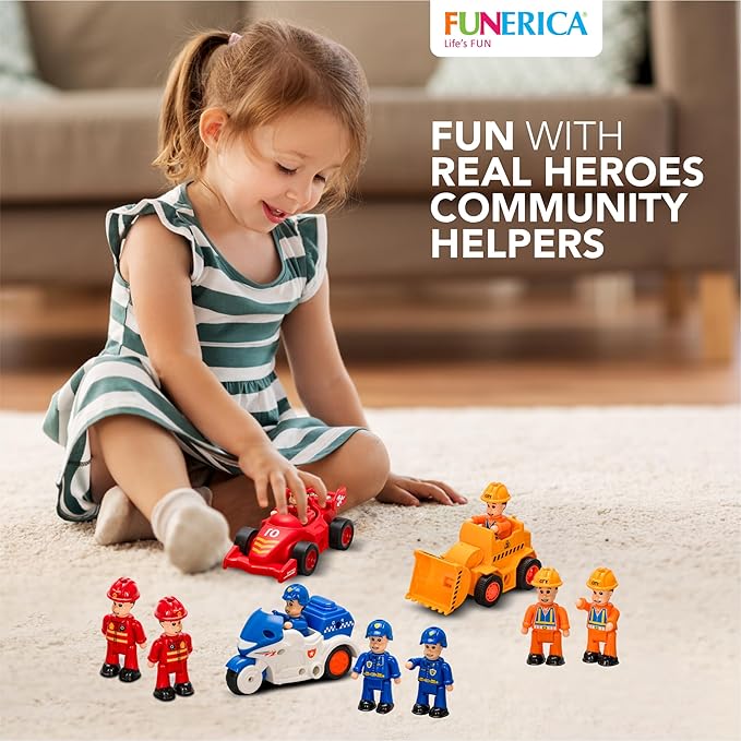 FUNERICA 12-Pcs People Figures and Toy Cars Playset - Fireman, Police, Construction Workers - Pretend Play Vehicle & Figurine Set Accessories for Kids - Emergency Rescue & Construction Toys
