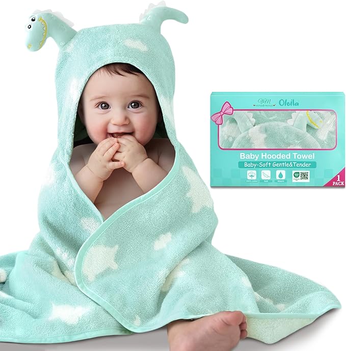 VOOVA & MOVAS Thick Baby Hooded Bath Towel - 100% Cotton,400GSM, 30.5x36 Inches,0-2Years, Super Absorbent Large Towel with Cute Dino Hood for Newborn, Baby, Infant, Baby Essentials,Dino