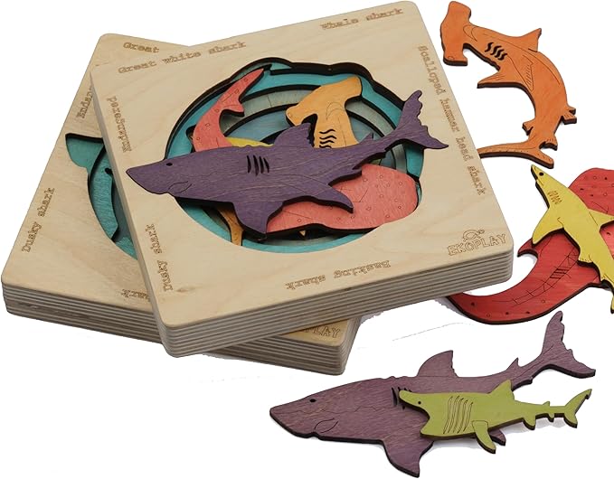 Endangered Sharks | Multilayered Wooden Jigsaw Puzzles for Kids | Hammerhead, Great White, Whale, Dusky, Basking | Learning Toy & Gift for Boys Girls Ages 3 Years and Above