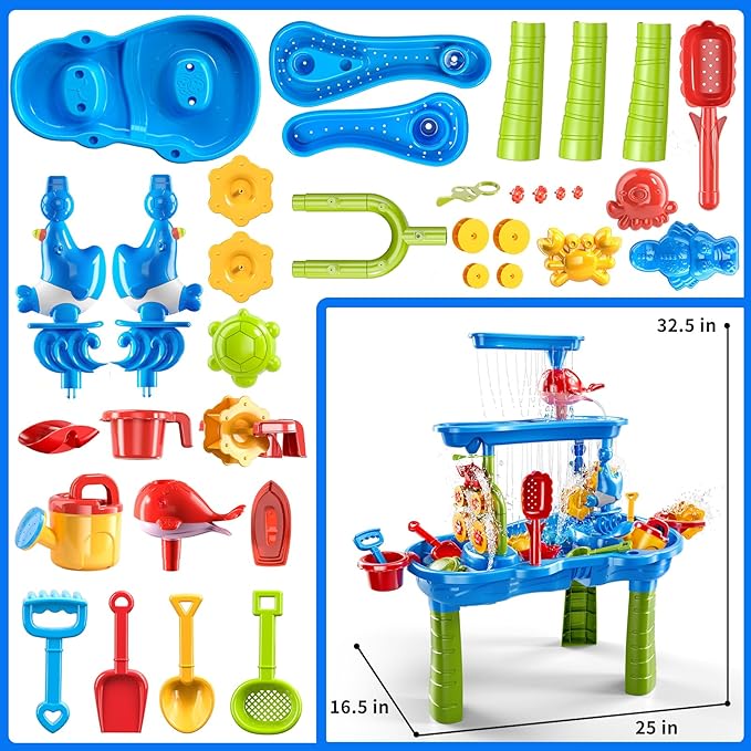 Water Table for Toddlers 3-5, 3-Tier Kids Sand Water Table, Water and Sand Activity Sensory Table Summer Beach Outside Toys Backyard for Kids Toddlers Age 3 4 5 6 7 8
