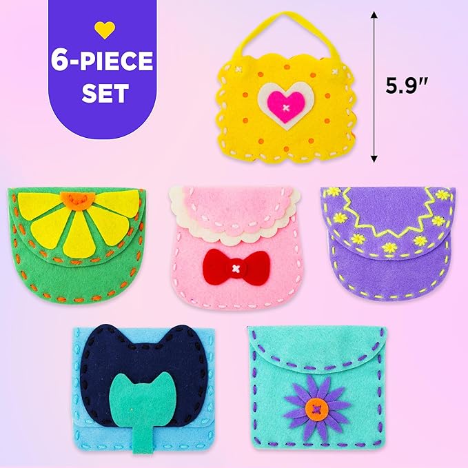 Flying Childhood Soft Felt Sewing Kit for Kids, Sewing My First Purses, Create 6 Simple and Cute DIY Sewing Bag Projects, Birthday Gifts Toys for Girls 4-12 Years Old, Help Improve Fine Motor Skills