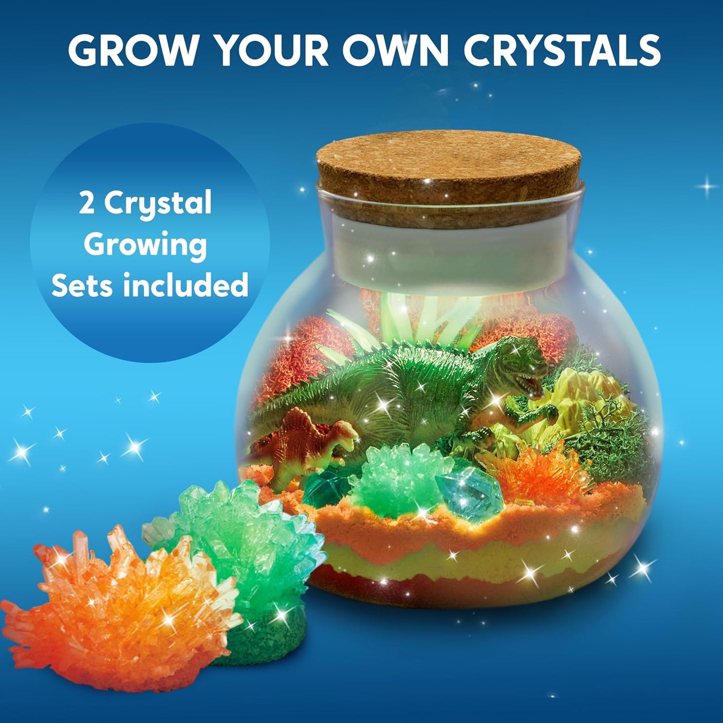 Klever Kits Make Your Own Dinosaur Crystal Terrarium Crafts Kit for Kids-Crystal Growing Science 12 Color LED Night Light Birthday Gifts Toys for Kids