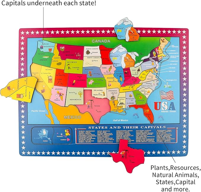 Wondertoys 46 Pieces Wooden USA Map Puzzle for Kids US Map Puzzle Educational Geography Puzzles United States Map Puzzle for Boy Girl