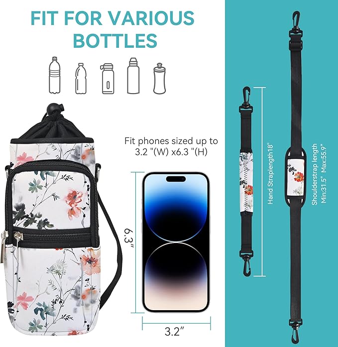 icolor Water Bottle Carrier Bag with Strap 25/32/40 oz Crossbody Bottle Holder with Phone Pocket Sling Sleeve Insulated Neoprene Water Bottle Pouch for Walking Travelling