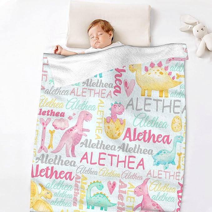Personalized Dinosaur Custom Baby Blanket with Name - Swaddle Blanket for Toddlers, Infants, Kids - Shower, Newborns, Nursery, Stroller, Crib Decor - Throw - Birthday Gift