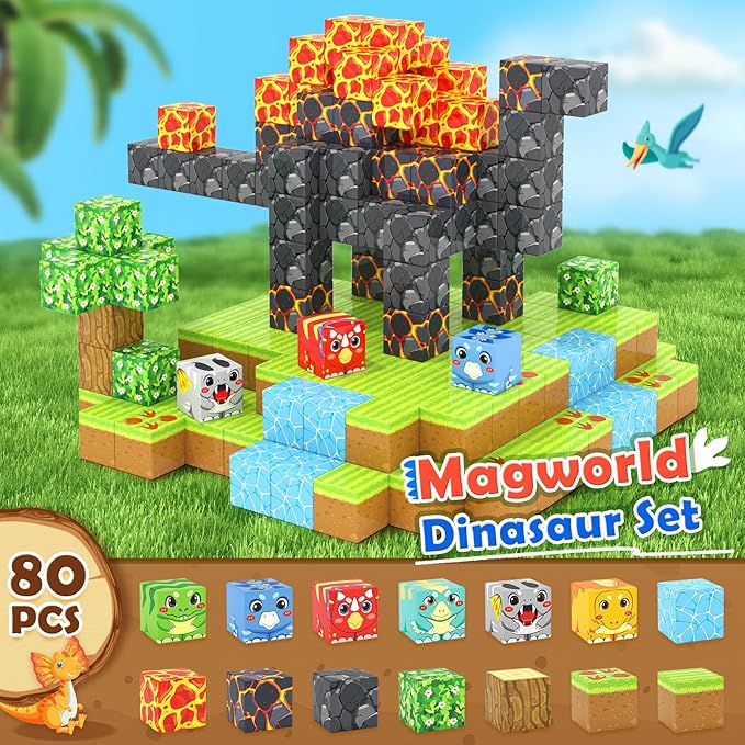 Magnetic Blocks Toys, Build Mine Magnet World Dinosaurs Set, Magnetic Tiles Building for Boys & Girls Kids Ages 3-5 5-7, STEM Montessori Sensory Toys for Toddlers Gifts for 3+ Years Old