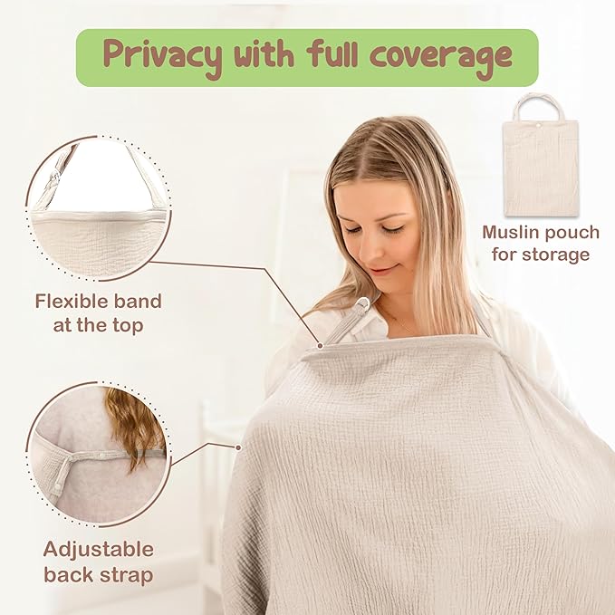 Premium Organic Breathable Muslin Nursing Cover for Breastfeeding - Privacy Breast Feeding Covers for Women - Multi-Use Nursing Cover Up - Soft & Lightweight Breastfeeding Covers (Ivory)