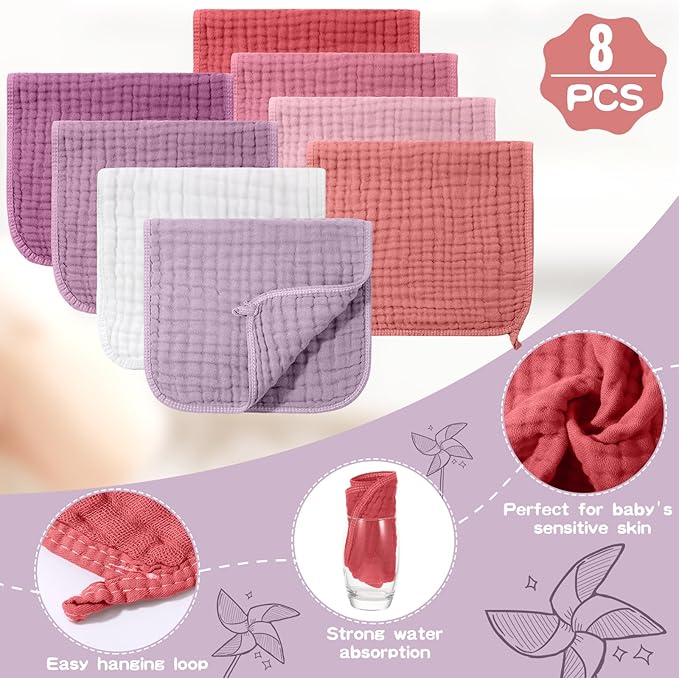 8 Packs Muslin Burp Cloths 6 Layers Unisex Baby Items Absorbent Burp Rags Colorful Muslin Washcloths for Baby Plain Soft Cotton Cloth for Babies Girls Boys, 10 x 20 Inch (Vivid Colors)