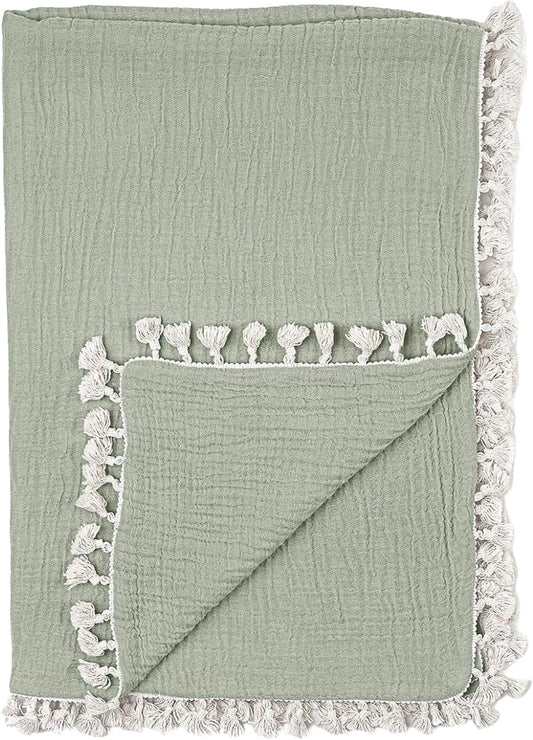 Crane Baby Green Muslin Baby Blanket, 6-Layer Cotton Baby Swaddle, Soft Cotton Lightweight Nursery and Stroller Blanket for Baby Boys & Girls, Fern Green, 30" x 40"