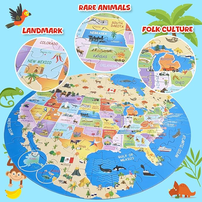 USA Map Puzzle for Kids -70 Piece Round United States Puzzles for Kids Ages 4 and Up, Toddler Puzzle Globe Geography Games Educational Toys Gifts for Boys Girls Childre(United States Map)