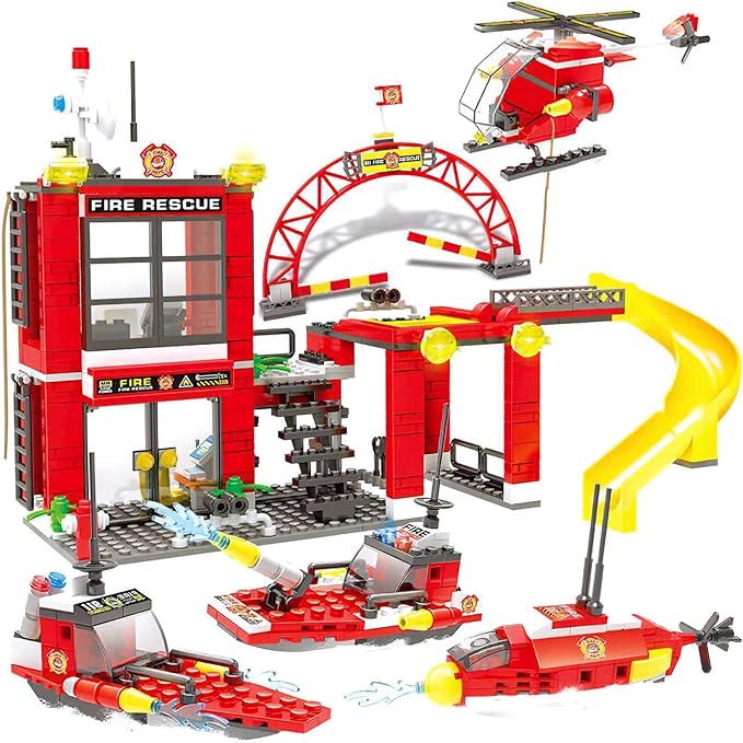 Liberty Imports 580 PCS City Fire Station Building Blocks Set - Marine Fire Rescue Toy Bricks Kit with Emergency Firefighter Patrol Ships & Helicopter - Storage Box with Baseplates Lid for Kids