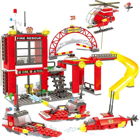 Liberty Imports 580 PCS City Fire Station Building Blocks Set - Marine Fire Rescue Toy Bricks Kit with Emergency Firefighter Patrol Ships & Helicopter - Storage Box with Baseplates Lid for Kids