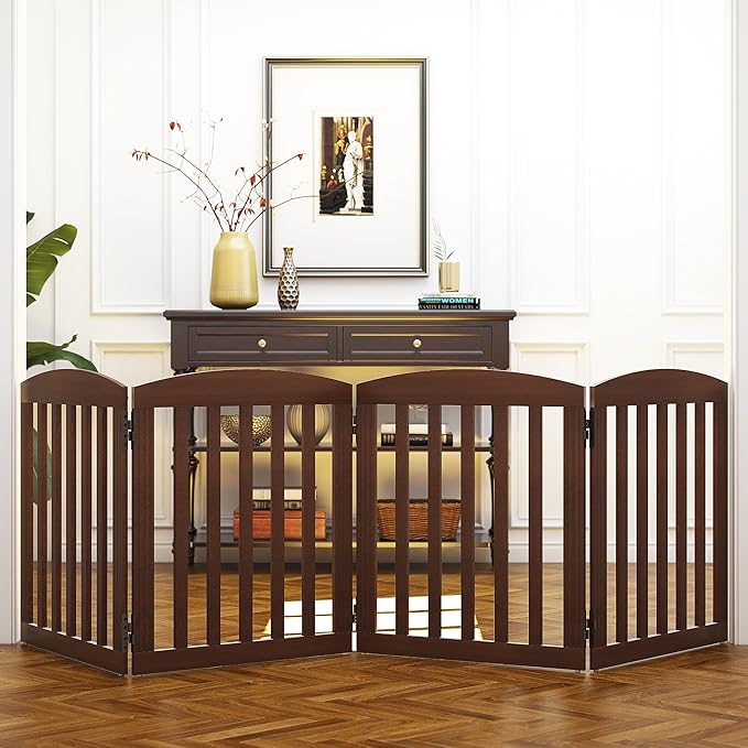 SPIRICH 96" Extra Wide 28" Tall Dog Gate Indoor, Dog Gates for Doorways, Stairs, The House, Wooden Freestanding Foldable Pet Gate, Step Over Puppy Gate, 4 Panels, Brown