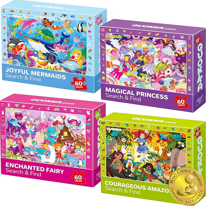 QUOKKA Princess Puzzles for Kids Ages 4-6 - Toddler Puzzles Ages 3-5 - 4-Pack 60 Piece Search and Find Jigsaw Puzzle 6-8 - Unicorn Mermaid Fairy Puzzle for Girls - Learning Educational Toy for 5 Year
