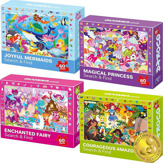 QUOKKA Princess Puzzles for Kids Ages 4-6 - Toddler Puzzles Ages 3-5 - 4-Pack 60 Piece Search and Find Jigsaw Puzzle 6-8 - Unicorn Mermaid Fairy Puzzle for Girls - Learning Educational Toy for 5 Year