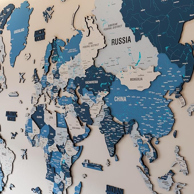 Colorfull Worlds 3D Wooden World Map Wall Art - Premium Multicolored World Travel Art for Wall Decor with Push Pins- Ideal Housewarming Gift & Travel Tracker (Large, Navy)