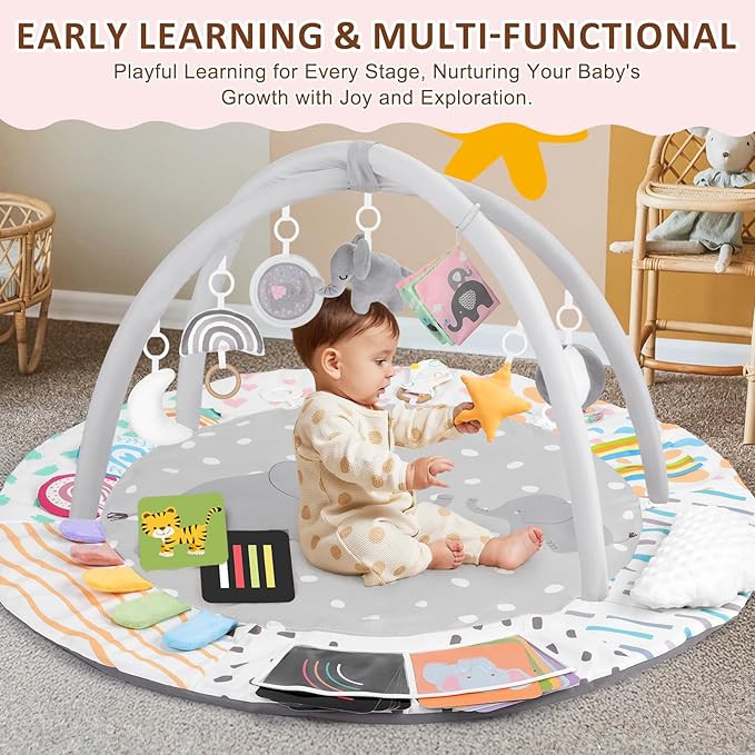 Baby Play Gym & Activity Mat, Tummy Time Mat with Tummy Time Pillow 7 Detachable Sensory Toys and Educational Cards for Motor Skills & Sensory Development, Baby Essentials Shower Gift, Grey Elephant