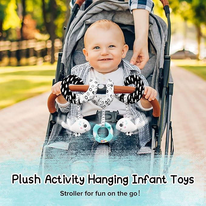 Baby Spiral Hanging Stroller and Car Seat Toys Black and White High Contrast Sensory Toy Newborn Plush Activity Toys Party Favors Quality Gifts for Baby Shower-Whale