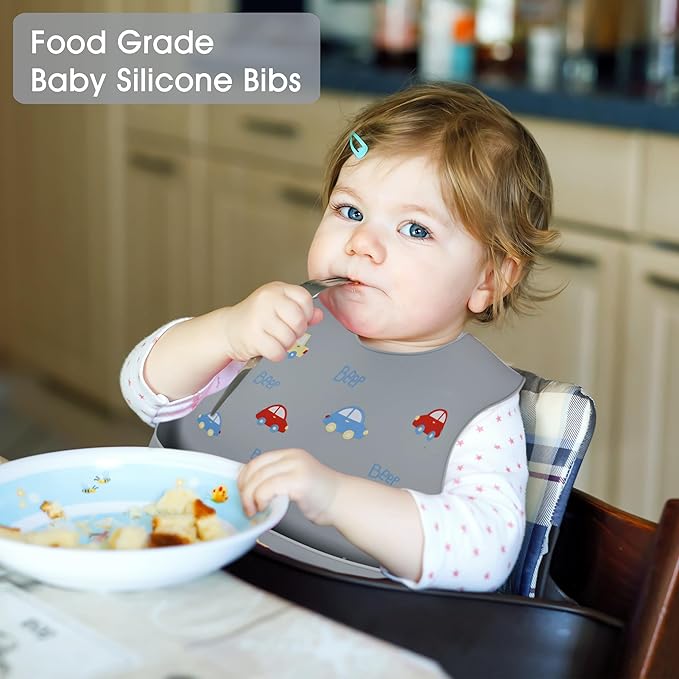 2 Pack Silicone Baby Bibs Adjustable Fit Waterproof Bib With Leak Proof Food Pouch Catcher for Eating Boys Girls