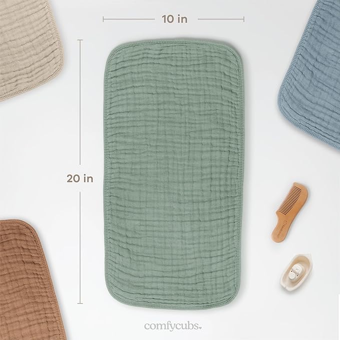 Comfy Cubs Muslin Burp Cloths 20" x 10", Pack of 10 - Large, 6-Layer, Ultra Absorbent 100% Cotton for Baby Drool and Messes - Soft, Safe & Gentle Baby Burp Cloths for Boys & Girls - Fern