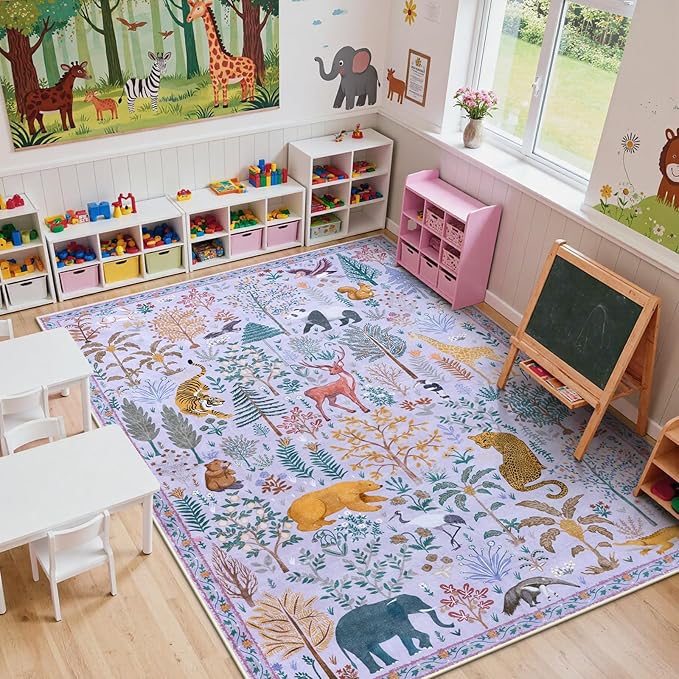 OJIA Animal Kids Room Rugs Washable Area Rug 8x10 Nursery Rug, Boho Rugs for Living Room Playroom 8 x 10 Bedroom Carpet, Non-Slip Ultra-Thin Indoor Large Floor Carpet for Dining Room Farmhouse