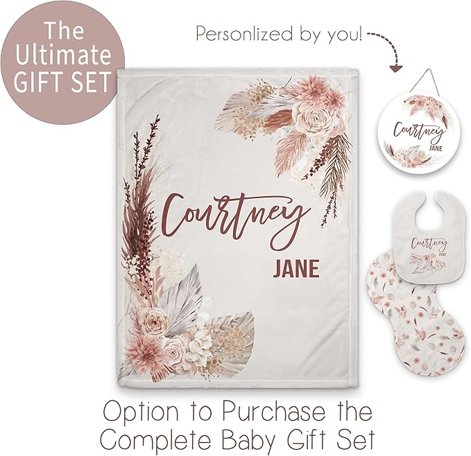 Girls Love A Monogram - Personalzied Custom Boho Floral Baby Blankets for Girls with Name Shower Gift (Beige, 30 X 40 Baby)
