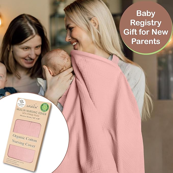 Premium Organic Breathable Muslin Nursing Cover for Breastfeeding - Privacy Breast Feeding Covers for Women - Multi-Use Nursing Cover Up - Soft & Lightweight Breastfeeding Covers (Pink)