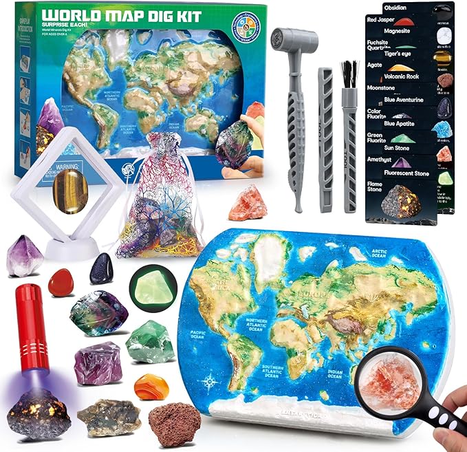 World Map Dig Kit - Gem Rocks Excavation Kit, Gemstone for Kids, Fossil Rock Toys Dig Kits for Collection, World Map Toys for Boys Girls 6 and up Year Old Birthday Gifts